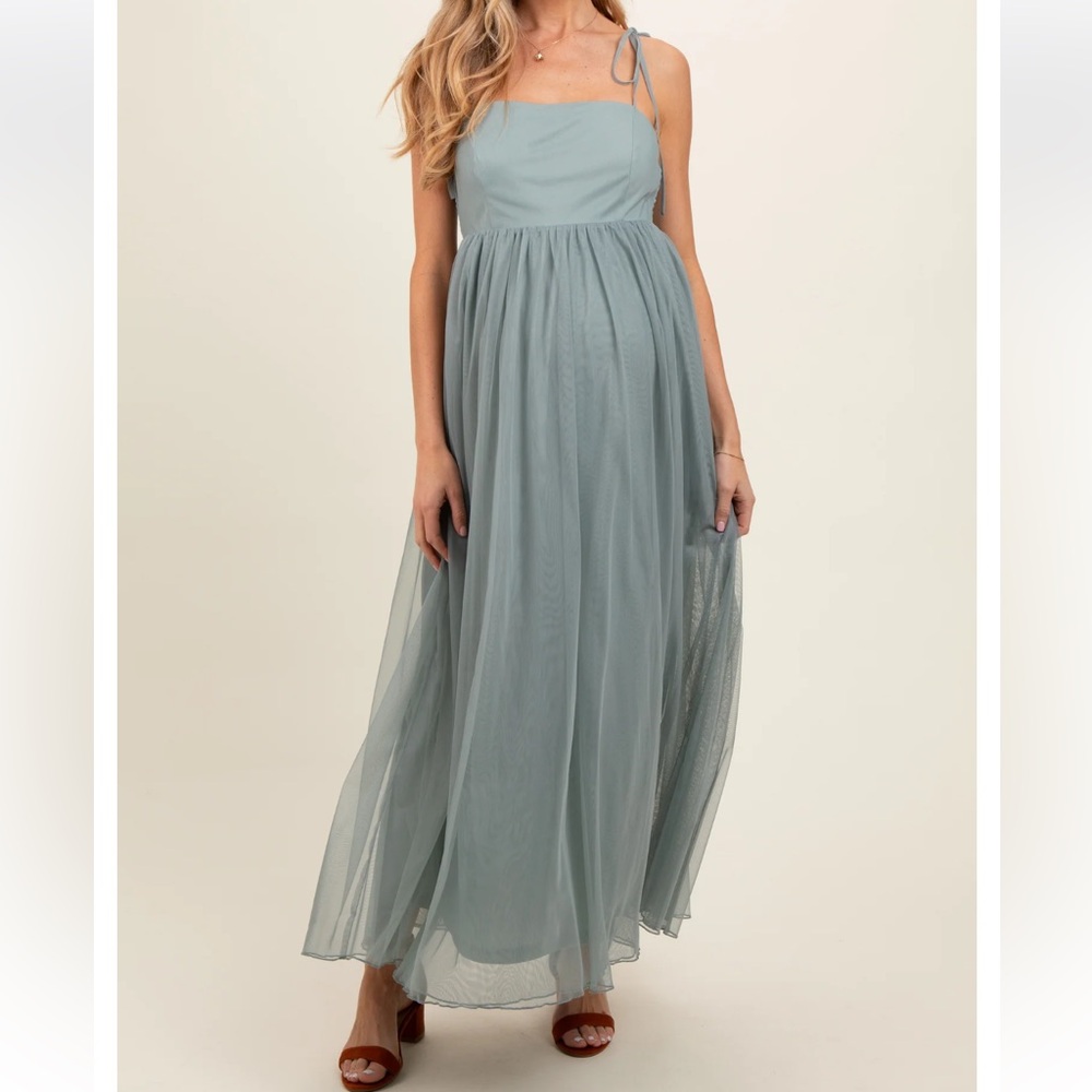 Green Square Neck Shoulder Tie Tulle Maternity Maxi Dress